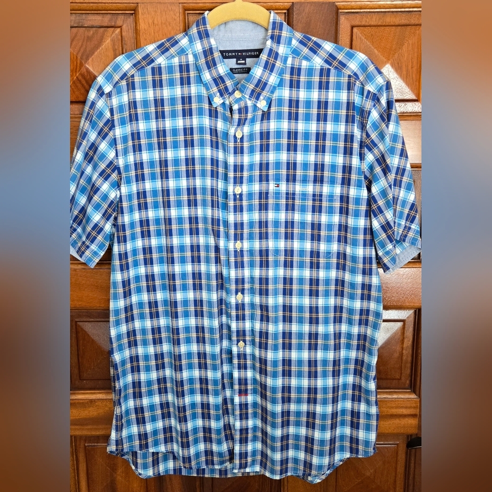 Tommy Hilfiger Men's Checkered Blue and White Shirt 100% Cotton